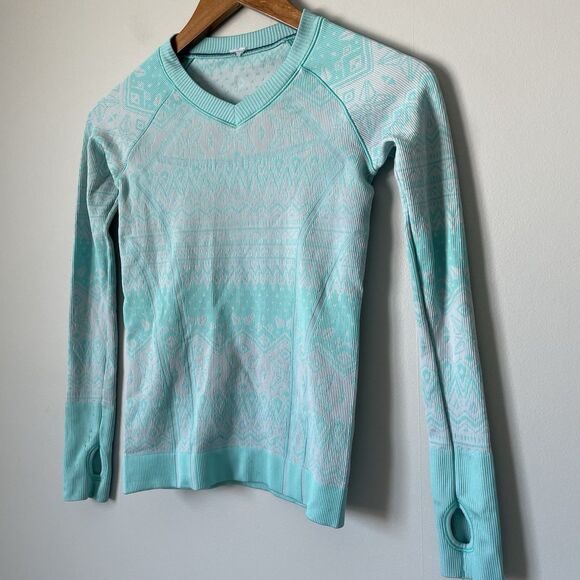 Iviva By Lululemon Girls Teal Swifly Fly Tech Long Sleeve V-Neck Top Blue Sz 10 - Picture 3 of 6